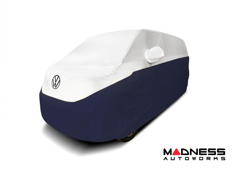 Volkswagen ID. Buzz Custom Fit Vehicle Cover - Satin Stretch - White And Midnight Blue + Rear Passenger Charger Port Flap